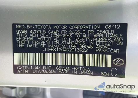2013 Lexus Es 350 from USA, damaged, VIN JTHBK1GG4D2013922